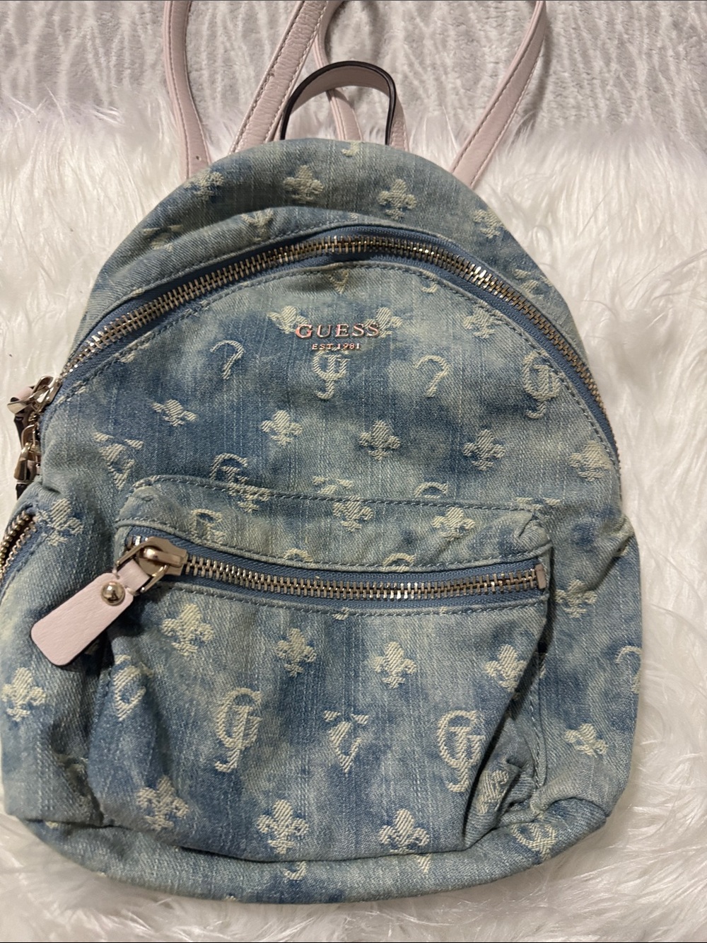GUESS Light Blue Denim Mini Backpack with Purple Trim